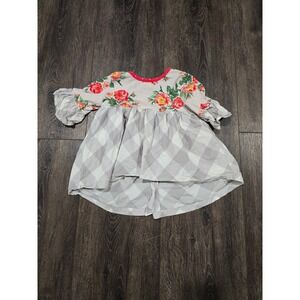 Matilda Jane Girls Floral Gingham Ruffle Sleeve Dress Grey Red Size 4
